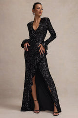 Wild Dream | Black Sequin Plunge-Neck Ruffle Split Maxi Dress