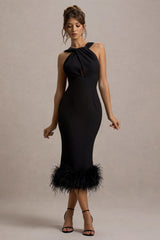 Titania | Black Twist-Neck Feather Hem Midi Dress