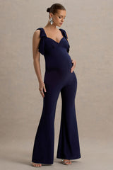 Impeccable | Navy Sweetheart Bow Strap Maternity Jumpsuit