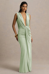 Serafina | Light Green Extreme-Plunge Neck Maxi Dress With Wrap And Ruched Details
