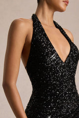 Gio | Black Sequin Plunge-Neck Wrap Maxi Dress With Ruched Detailing