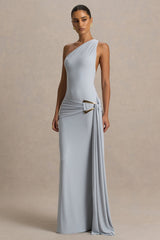 Bonnie | Blue Asymmetric-Neck Maxi Dress With Open-Back