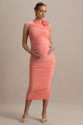 Shellie | Coral High-Neck Maternity Midi Dress With Corsage Detail