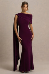 Tiana | Dark Plum Asymmetric-Neck Maxi Dress With Draped Detail