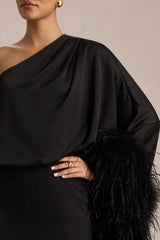 Felicity | Black Satin Asymmetric-Neck Maxi Dress With Feather Detailing