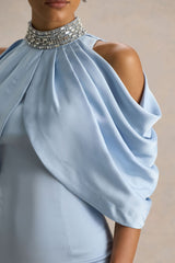 Sulliana | Powder Blue Satin High-Neck Maxi Dress With Embellished Detail And Cape Sleeves