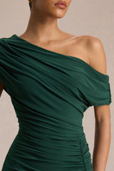 Kady | Dark Green Asymmetric-Neck Maxi Dress With Ruched Detailing