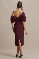 Lucille | Burgundy Asymmetric Bardot Midi Dress With Bow Detail