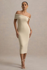 Skye | Sand Twisted Bardot Midi Dress