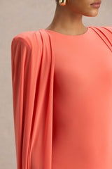 Mimi | Coral High-Neck Maxi Dress With Cape Sleeve Detail