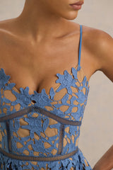 Zuri | Blue Lace Sweetheart Midi Dress With Cami Straps