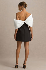 Tindra | Black And White Satin Bandeau-Neck Mini Dress With Bow Sleeves