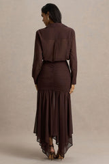 Kris | Brown Plunge-Neck Maxi Dress With Ruched Detailing