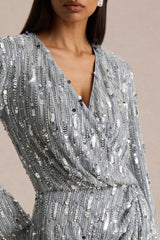Carmina | Silver Sequin Plunge-Neck Wrap Mini Dress With Sash Detail