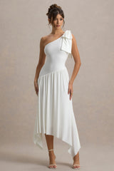 Lotus Love | White One-Shoulder Hanky-Hem Maxi Dress With Bow
