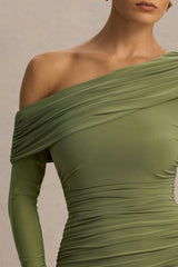 Gina | Olive Asymmetric-Neck Ruched Mini Dress