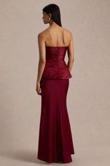 Milia | Burgundy Satin Hand-Embellished Strapless Corset Maxi Dress