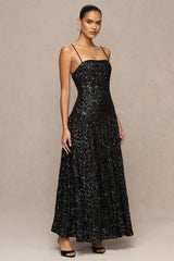 Allora | Black Sequin Square-Neck Maxi Dress With Pleated Skirt