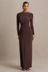 Virelle | Brown Boat-Neck Maxi Dress With Wrap Detail And Sash