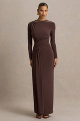 Virelle | Brown Boat-Neck Maxi Dress With Wrap Detail And Sash