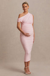 Linnea | Blush Pink Asymmetric-Neck Maternity Midi Dress