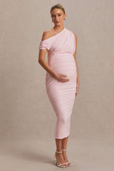 Linnea | Blush Pink Asymmetric-Neck Maternity Midi Dress