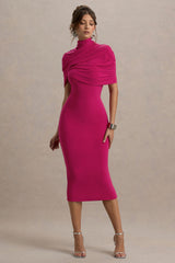 Cecille | Hot Pink Midi Dress With Cape Sleeve Detail