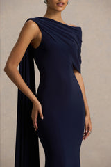 Tiana | Navy Asymmetric-Neck Maxi Dress With Drape-Detail