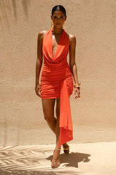 Centrepiece | Orange Cowl-Neck Wrap Mini Dress With Sash