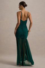 Pasqualina | Bottle Green Ruched Plunge-Neck Maxi Dress