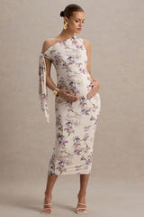 Katarine | Peach Floral Print Asymmetric Knot Maternity Midi Dress