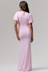 Grandeur | Pale Pink High-Neck Ruched Maxi Dress