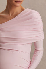 Amara | Blush Pink Asymmetric-Neck Maxi Dress With Sash Detail