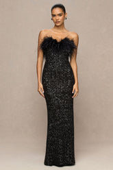 Daze | Black Sequin Bandeau Maxi Dress With Feather-Trim