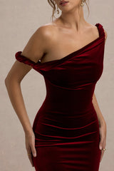 Carella | Berry Velvet Twisted Asymmetric Midi Dress