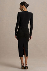 Ivara | Black Plunge-Neck Midi Dress With Ruched Detailing And Sash