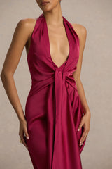 Lynette | Burgundy Satin Plunge-Neck Maxi Dress With Asymmetric Hem