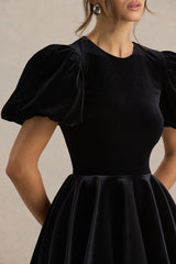 Priya | Black Velvet Mini Dress With Puff Sleeves