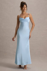 Eimear | Powder Blue Satin Draped Sweetheart Maxi Dress