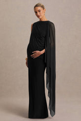 Cristina | Black High-Neck Maternity Maxi Dress With Cape-Sleeve