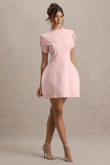 Carabella | Pink High-Neck Short-Sleeve Mini Dress
