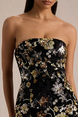 Valeri | Black Velvet Bandeau Mini Dress With Bronze Floral Sequin Embellishment