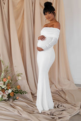 Pretty Perfect | White Maternity Ruched Mesh Bardot Maxi Dress