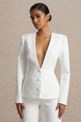 Rosalina | White Extreme-Plunge Neck Tailored Blazer