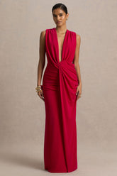 Serafina | Red Extreme-Plunge Maxi Dress With Ruched Detailing And Open-Back