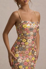 Vitora | Pastel Floral Print Embellished Sequin Square-Neck Maxi Dress