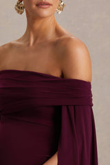 Aquila | Burgundy Bardot Maternity Maxi Dress With Draped Detail