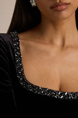 Beloved | Black Velvet Embellished Square-Neck Mini Dress