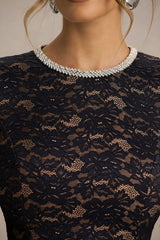 Divine | Black Lace Embellished Crew-Neck Mini Dress