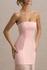 Trinity | Blush Pink Satin Bandeau Maxi Dress With Fringe